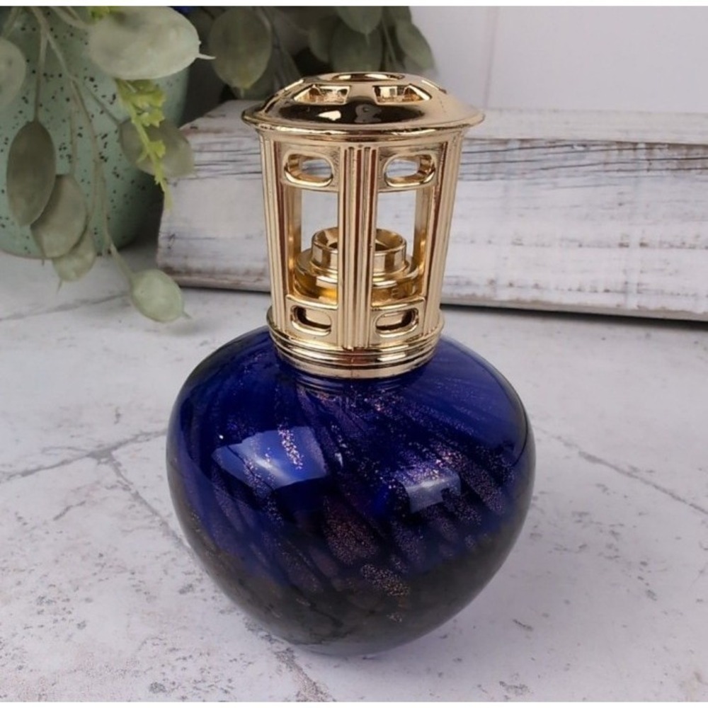 Vintage Scentier Blue w/ Gold Swirl Art Glass Catalytic Fragrance Lamp 4" Round